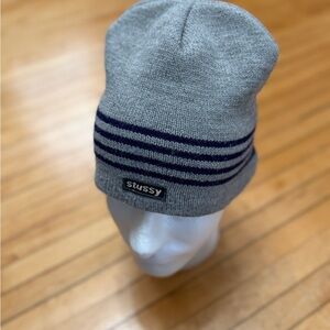 VTG 90’s Stussy Skullcap Beanie Heather Gray and Navy Striped Sz. OS